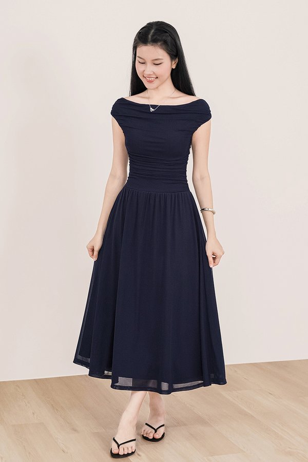 Colette Padded Ruched Off-Shoulder Mesh Midaxi Dress (Midnight)