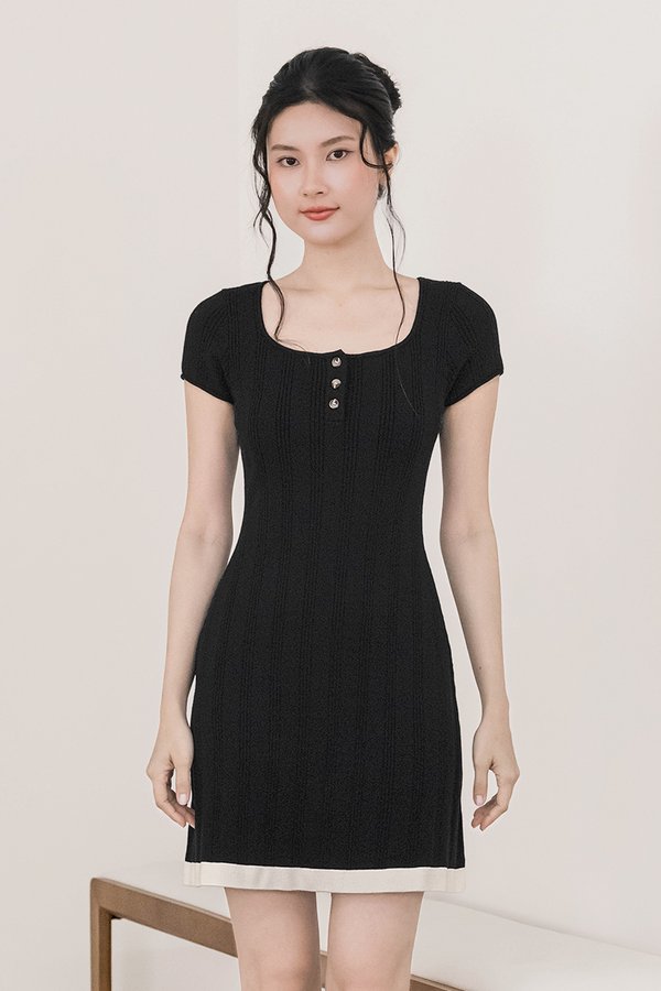 Cristy Contrast Button Knit Dress (Black)
