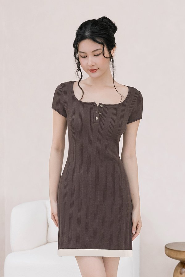 Cristy Contrast Button Knit Dress (Dark Brown)
