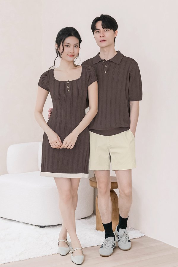 Cristy Contrast Button Knit Dress (Dark Brown)