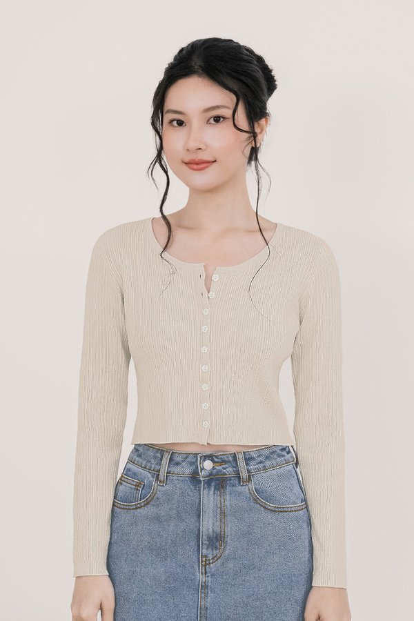 Dalia Floral Button Long Sleeve Knit Top (Light Sand)