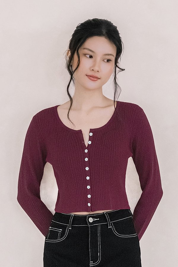 Dalia Floral Button Long Sleeve Knit Top (Maroon)