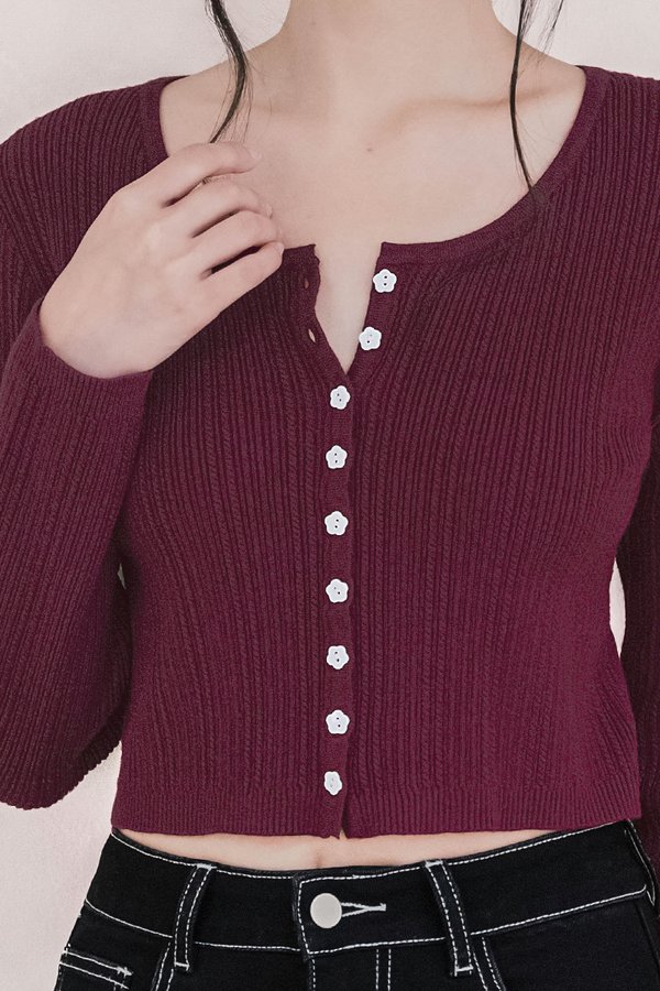 Dalia Floral Button Long Sleeve Knit Top (Maroon)