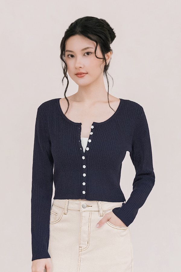Dalia Floral Button Long Sleeve Knit Top (Midnight)