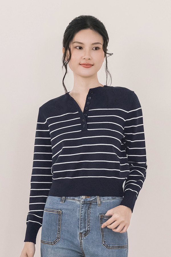 Edith Scallop Trim Stripes Long Sleeve Knit Top (Midnight)
