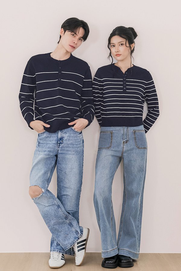 Edith Scallop Trim Stripes Long Sleeve Knit Top (Midnight)