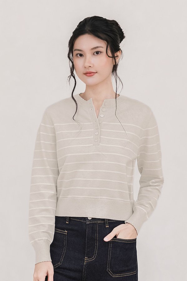 Edith Scallop Trim Stripes Long Sleeve Knit Top (Sand)