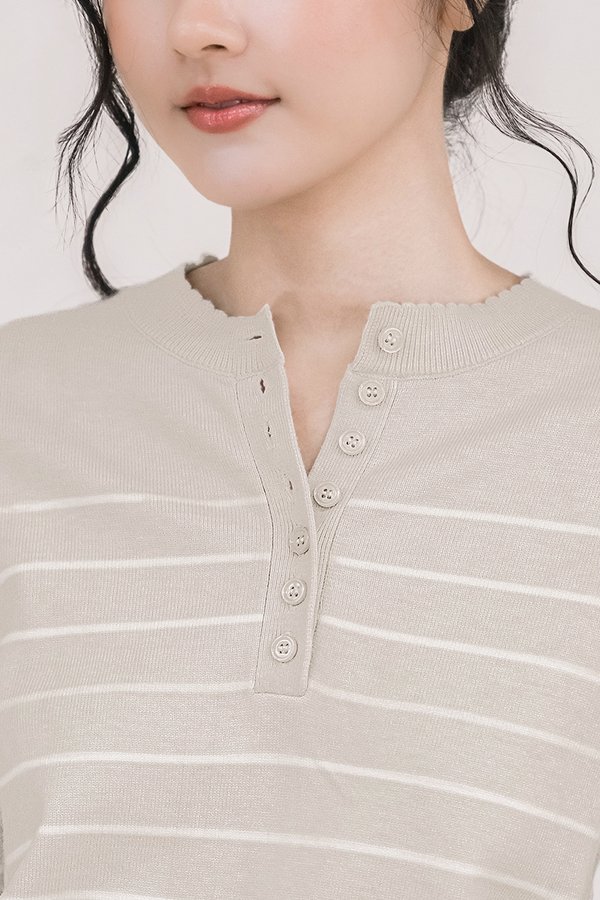 Edith Scallop Trim Stripes Long Sleeve Knit Top (Sand)