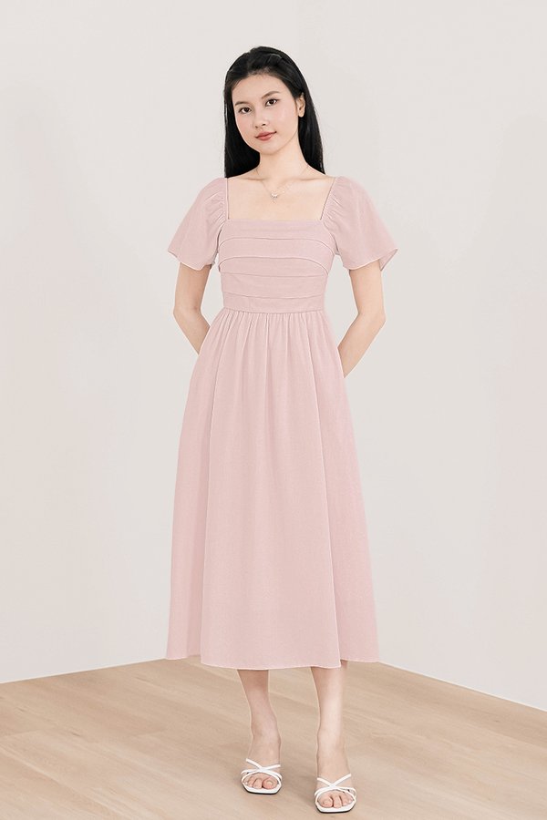 Heather Padded Flutter Sleeve Folds Midi Dress V3 (Pink)