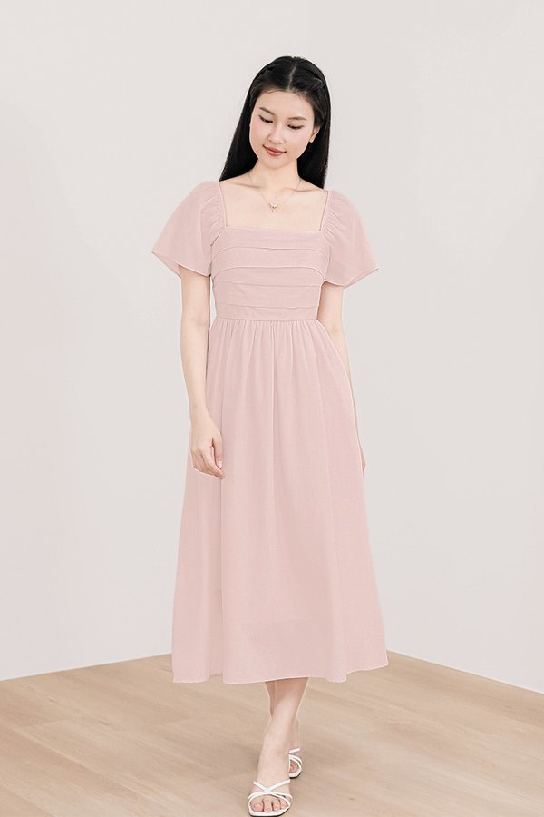 Heather Padded Flutter Sleeve Folds Midi Dress V3 (Pink)