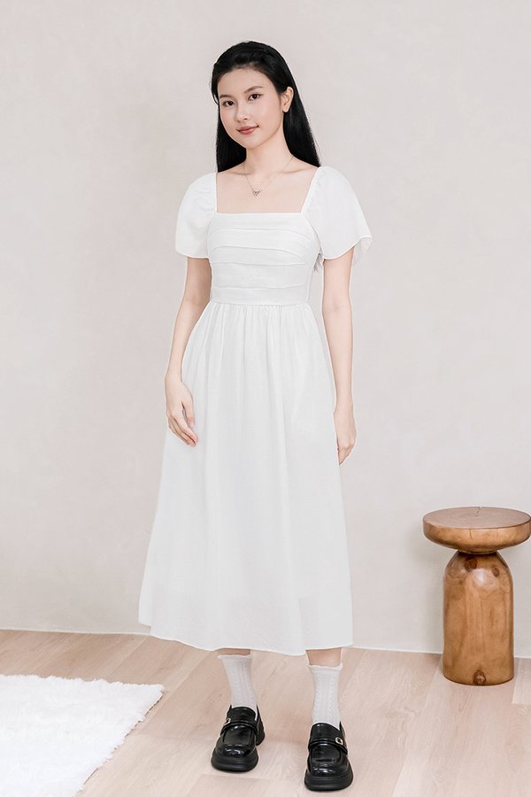 Heather Padded Flutter Sleeve Folds Midi Dress V3 (White)