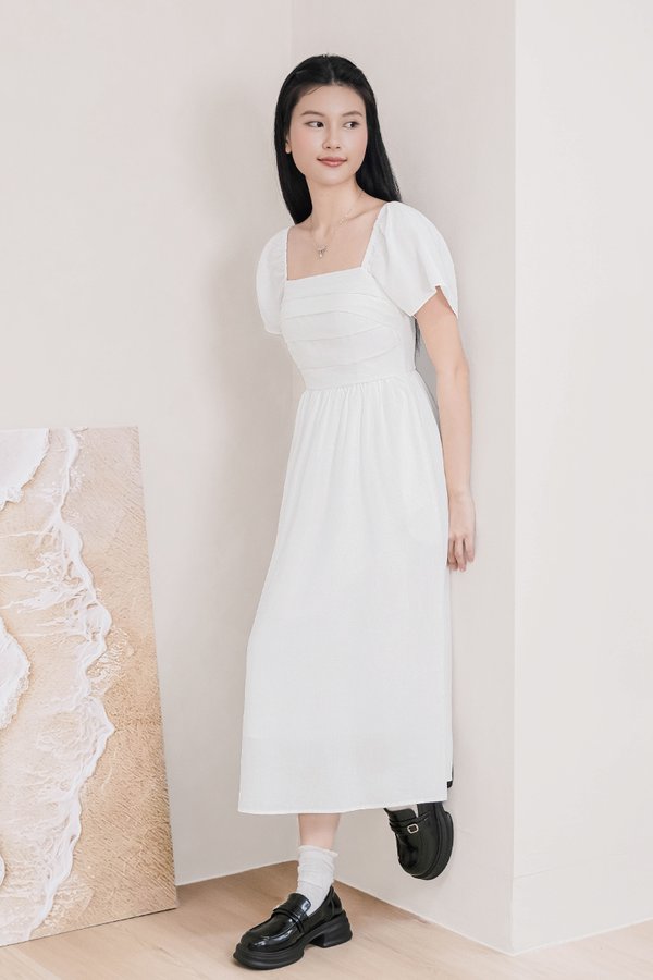 Heather Padded Flutter Sleeve Folds Midi Dress V3 (White)