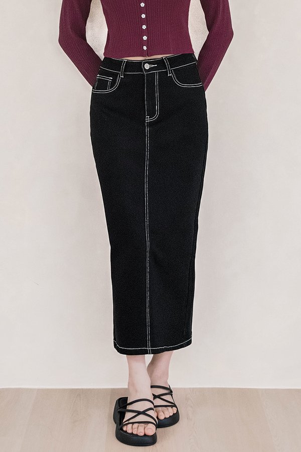 Iris Back Slit Denim Midaxi Skirt (Black)