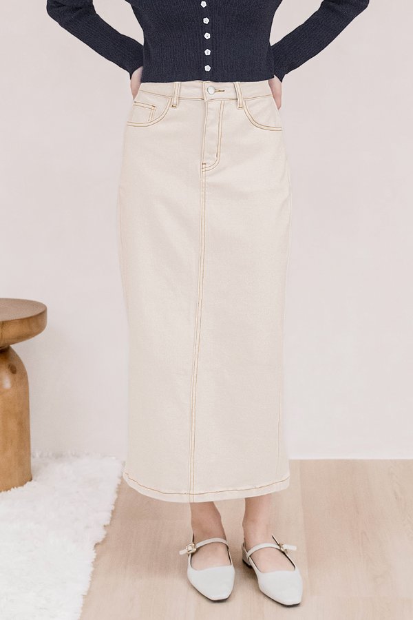 Iris Back Slit Denim Midaxi Skirt (Ecru)