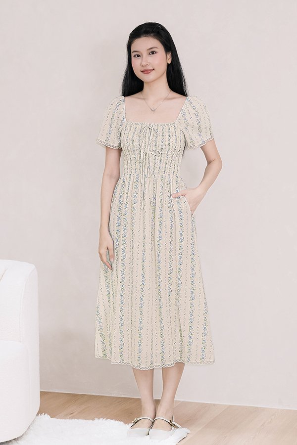 Isabella Lace Sleeve Smocked Ribbon Midi Dress (Blue Floral Cottage)