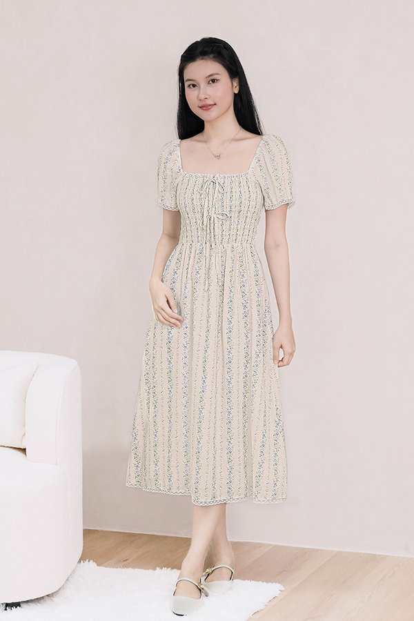 Isabella Lace Sleeve Smocked Ribbon Midi Dress (Blue Floral Cottage)