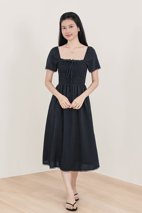 Isabella Lace Sleeve Smocked Ribbon Midi Dress (Midnight)