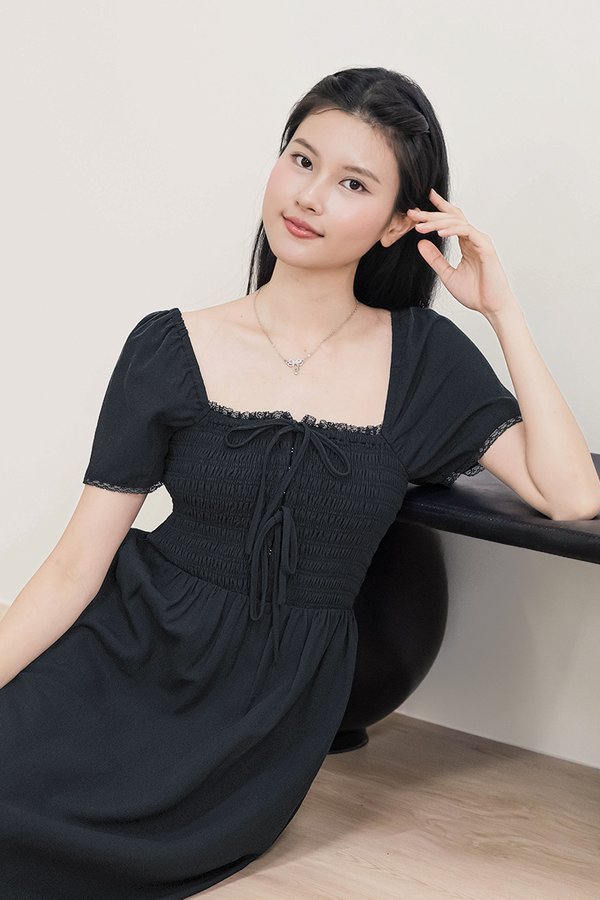 Isabella Lace Sleeve Smocked Ribbon Midi Dress (Midnight)
