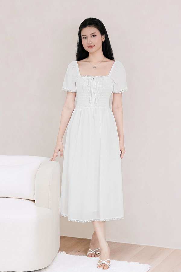 Isabella Lace Sleeve Smocked Ribbon Midi Dress (White)