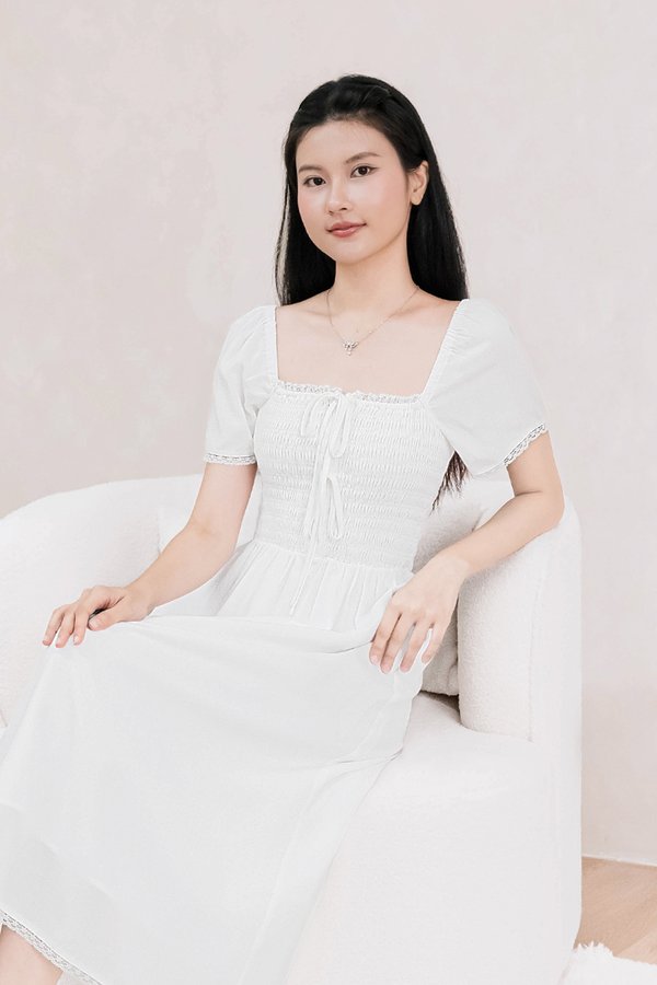 Isabella Lace Sleeve Smocked Ribbon Midi Dress (White)