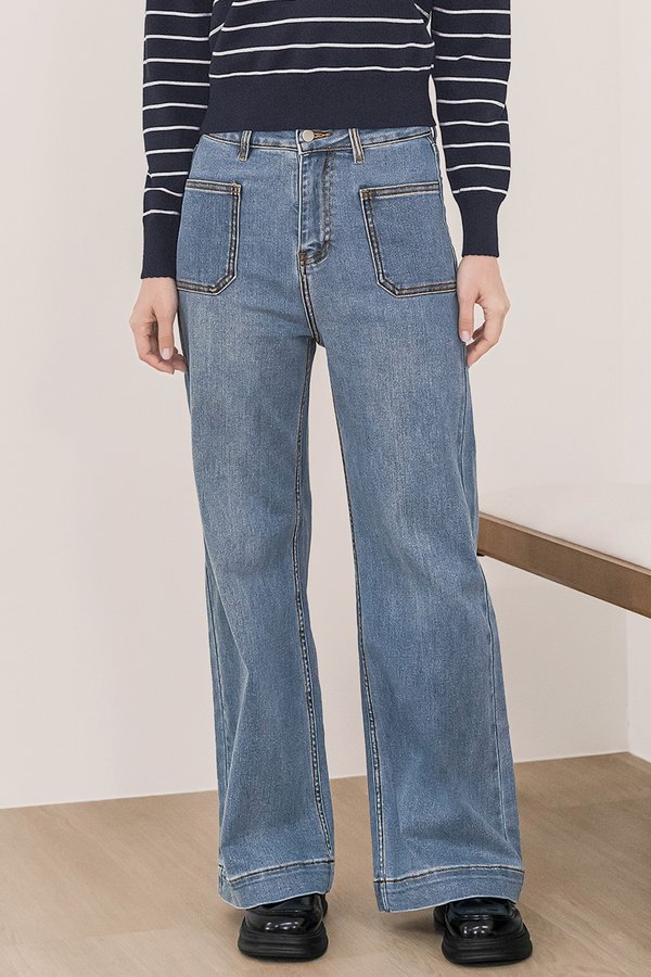 Lauren Patch Pocket Wide Leg Jeans - Regular (Mid Wash)