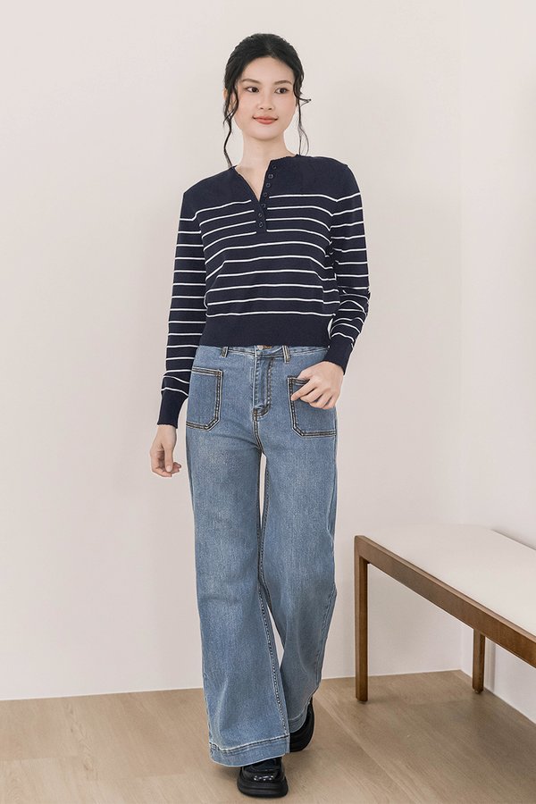 Lauren Patch Pocket Wide Leg Jeans - Petite (Mid Wash)