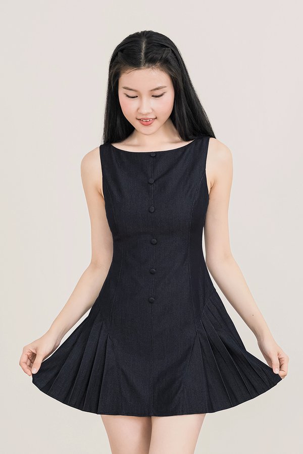 Ava Boat Neck Pleated Romper Dress (Dark Denim)