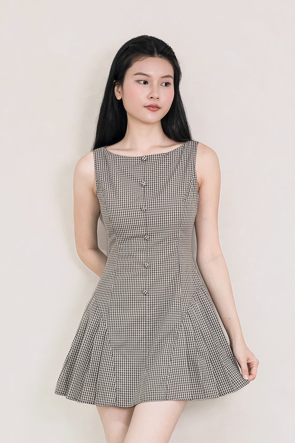Ava Boat Neck Pleated Romper Dress (Taupe Plaids)