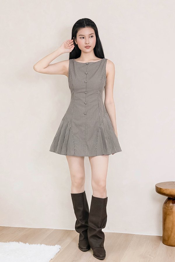 Ava Boat Neck Pleated Romper Dress (Taupe Plaids)