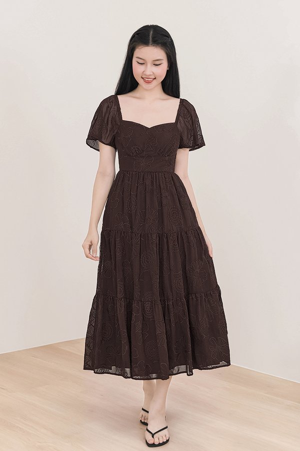 Darlene Padded Flutter Sleeve Embroidery Midi Dress V3 (Coffee)
