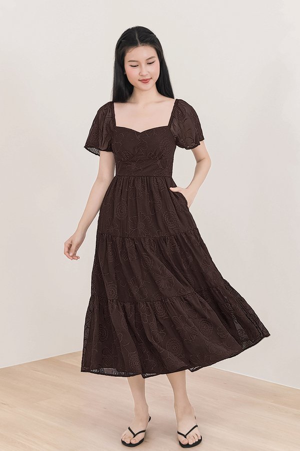 Darlene Padded Flutter Sleeve Embroidery Midi Dress V3 (Coffee)