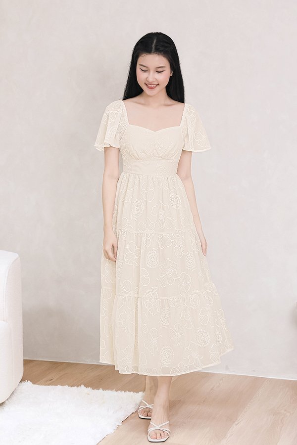 Darlene Padded Flutter Sleeve Embroidery Midi Dress V3 (Cream)