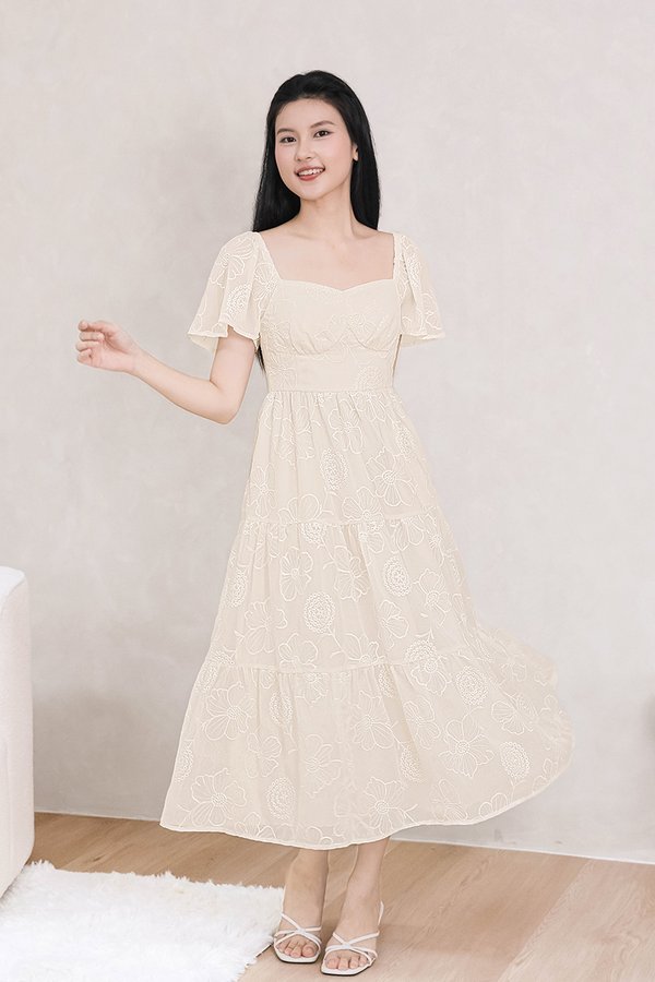 Darlene Padded Flutter Sleeve Embroidery Midi Dress V3 (Cream)