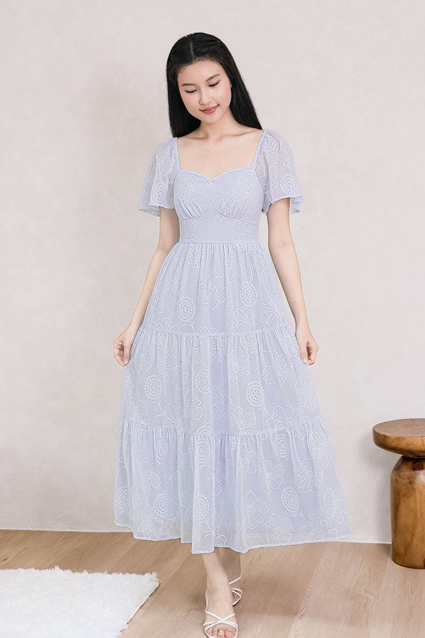 Darlene Padded Flutter Sleeve Embroidery Midi Dress V3 (Icy Blue)