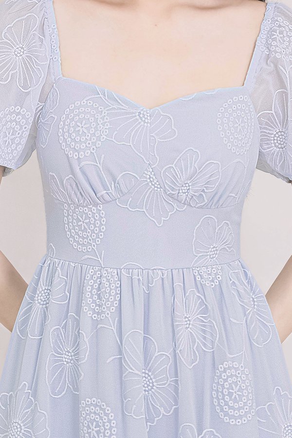 Darlene Padded Flutter Sleeve Embroidery Midi Dress V3 (Icy Blue)