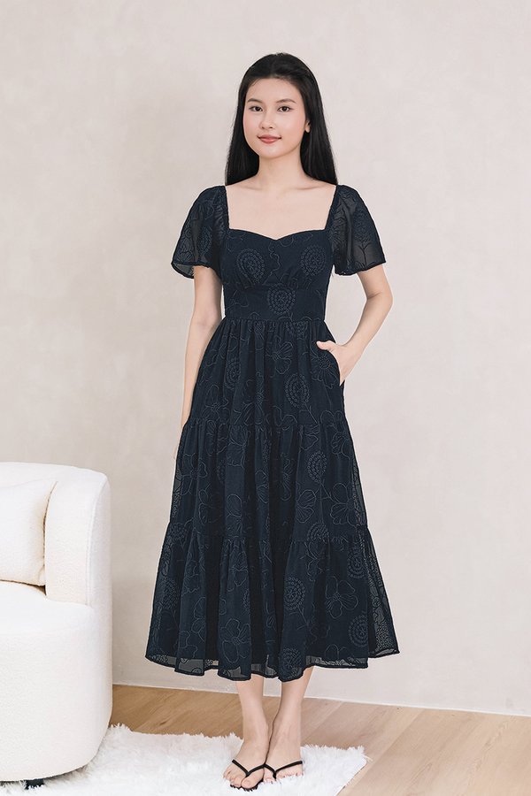 Darlene Padded Flutter Sleeve Embroidery Midi Dress V3 (Midnight)