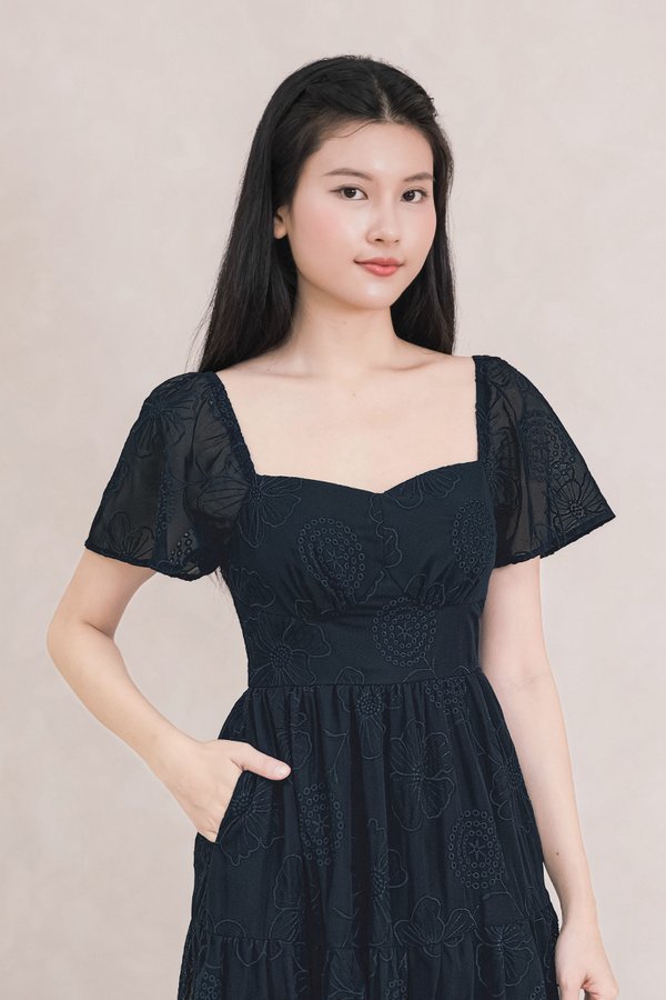 Darlene Padded Flutter Sleeve Embroidery Midi Dress V3 (Midnight)