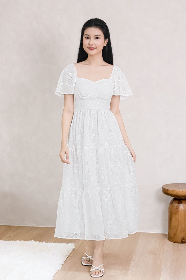 Darlene Padded Flutter Sleeve Embroidery Midi Dress V3 (White)