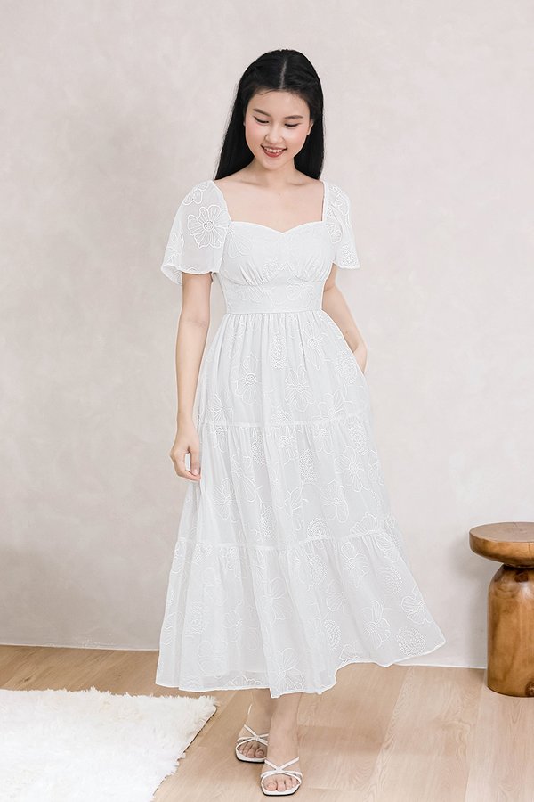 Darlene Padded Flutter Sleeve Embroidery Midi Dress V3 (White)