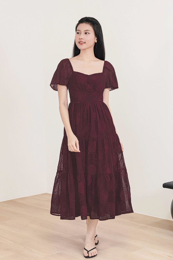 Darlene Padded Flutter Sleeve Embroidery Midi Dress V3 (Wine)