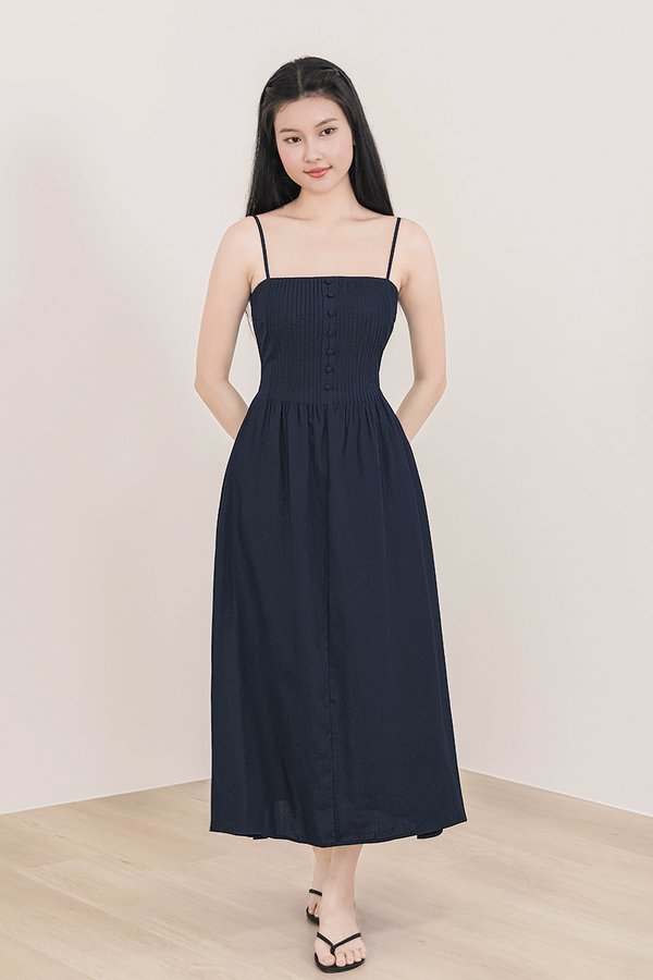 Faye Padded Pintuck Midaxi Dress (Midnight)