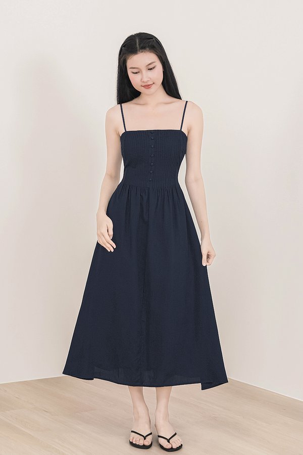 Faye Padded Pintuck Midaxi Dress (Midnight)