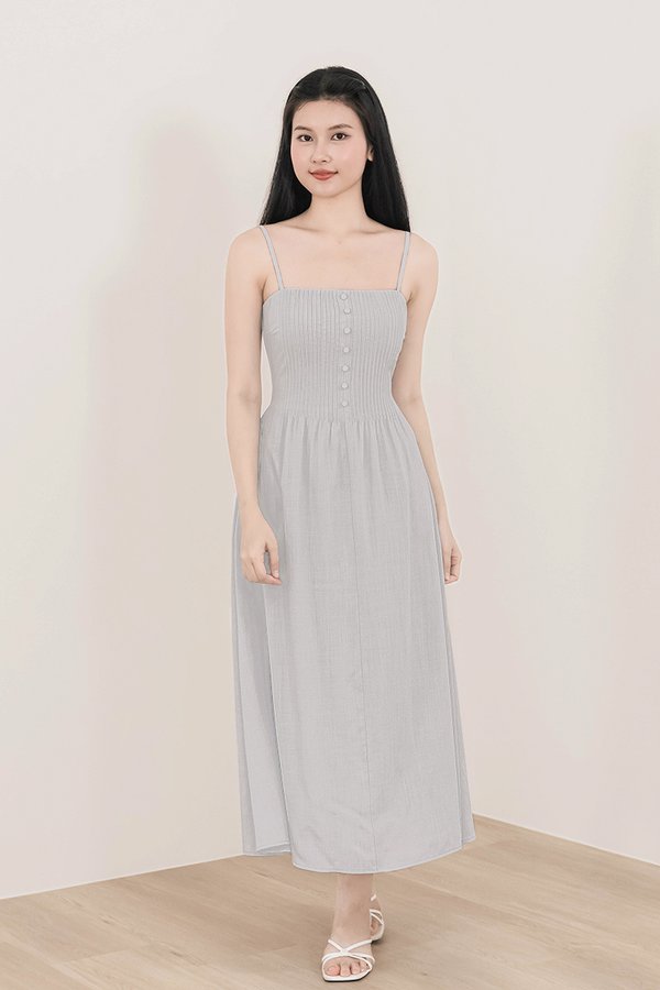 Faye Padded Pintuck Midaxi Dress (Silver)
