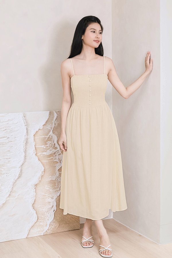 Faye Padded Pintuck Midaxi Dress (Oat)