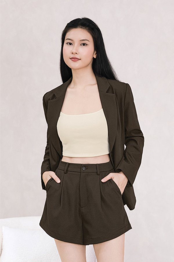 Maeve Button High Waist Shorts (Espresso)
