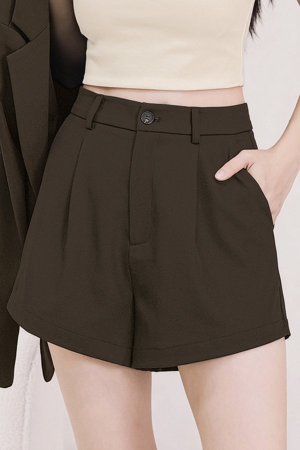 Maeve Button High Waist Shorts (Espresso)