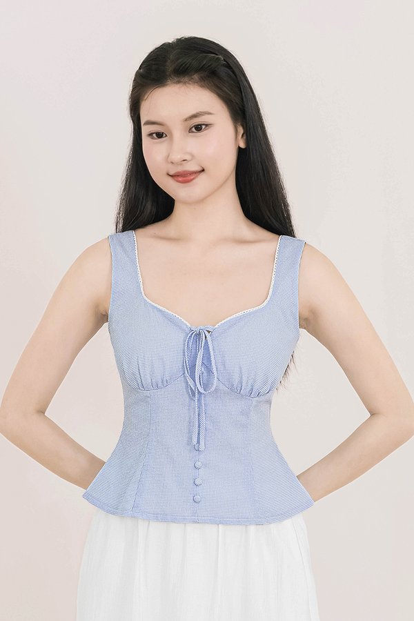 Nelly Padded Ribbon Top (Blue Gingham)
