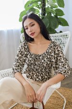 Abby Gathered Long Sleeve Top (Black Floral)