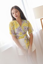 Yuki Kimono Wrap Tie-Waist Top (Yellow Floral)