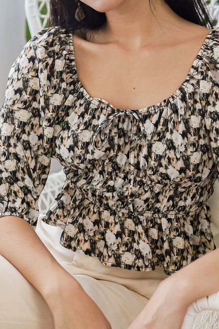 Abby Gathered Long Sleeve Top (Black Floral)